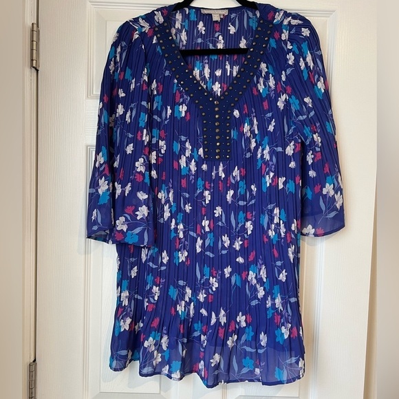 Woman Within Pleated‎ Floral Beaded Neckline Blouse Plus Size Medium 14/16 - Picture 5 of 8